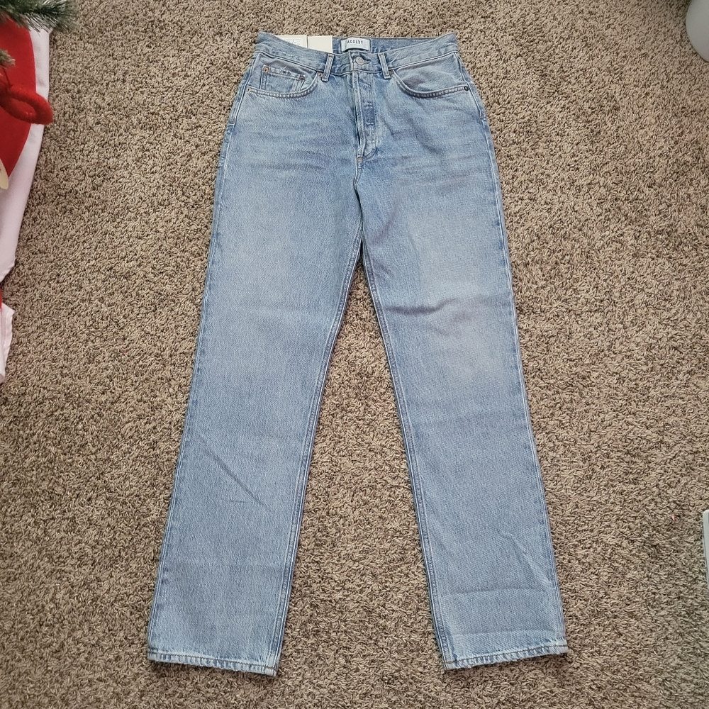 Agolde Lana Jeans Mid Rise Vintage Straight Fiction Wash Blue Denim Size 27 NWT